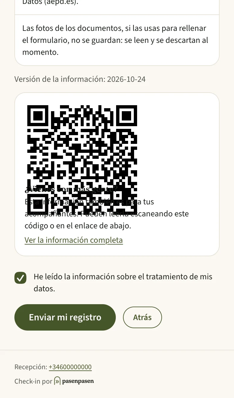 Casilla «He leído la información» marcada y botón «Enviar mi registro»