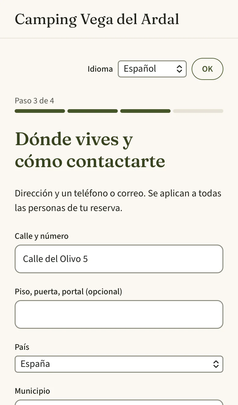 Paso 3 de 4, «Dónde vives y cómo contactarte»: dirección, país y municipio
