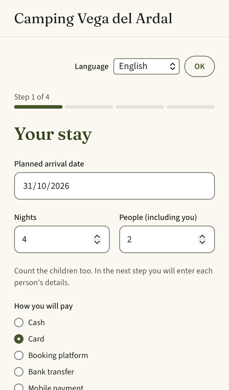 El paso 1 del registro en inglés: «Your stay», «Step 1 of 4»