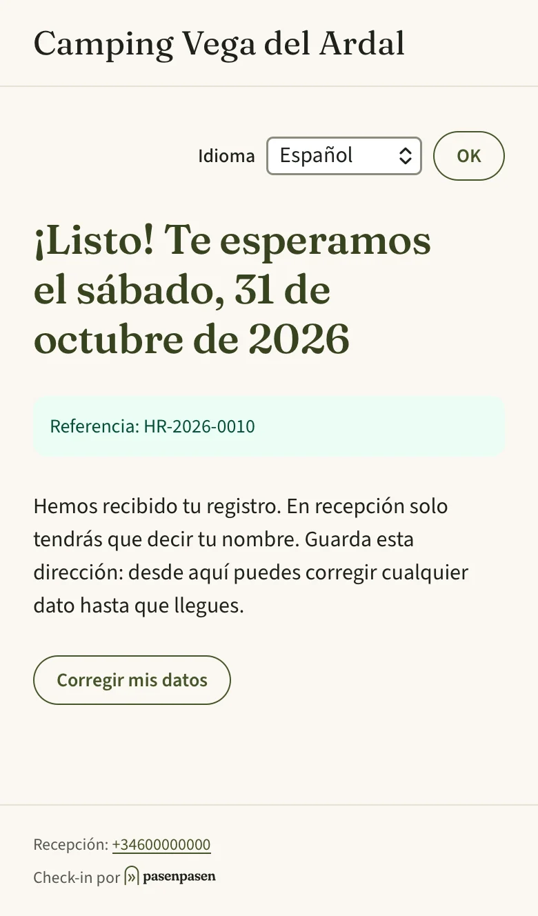Pantalla final del registro: «¡Listo! Te esperamos el sábado», con la referencia y el botón «Corregir mis datos»
