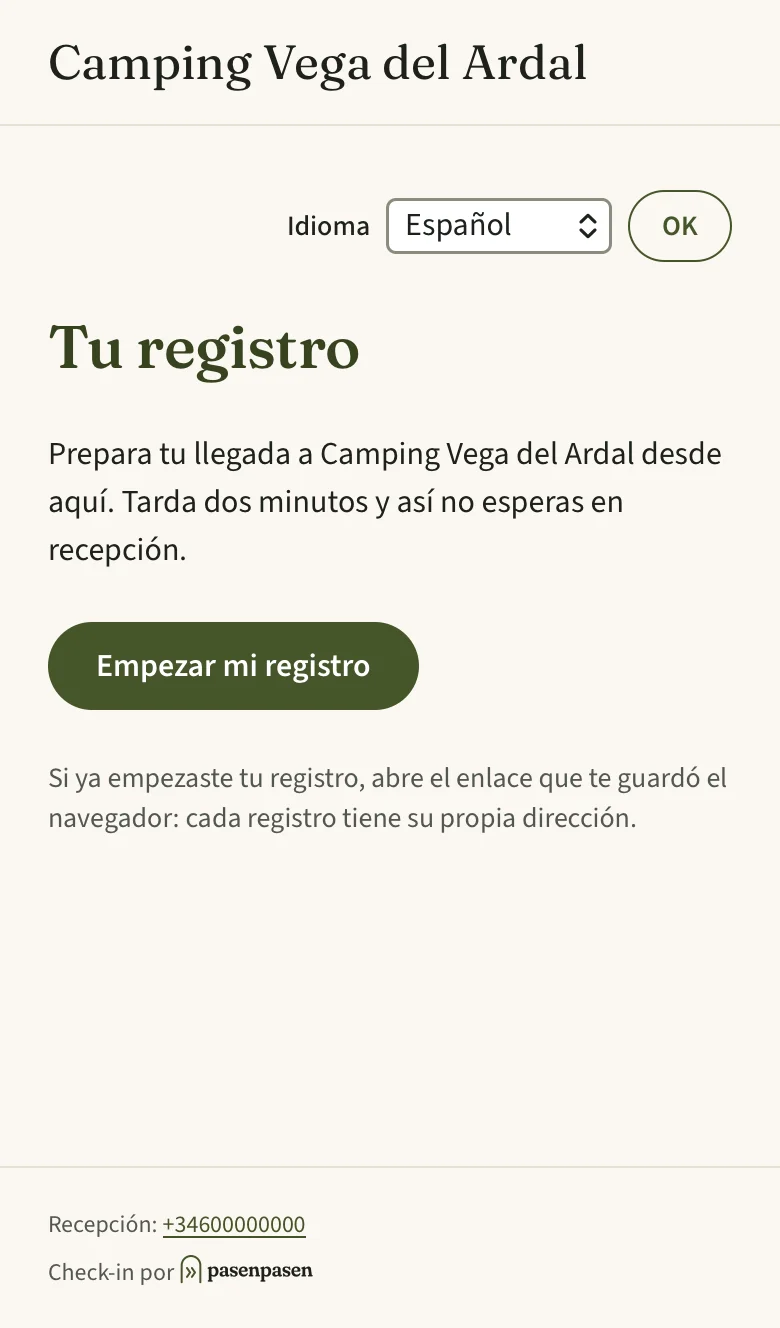 Pantalla del móvil con el registro del huésped: «Tu registro», botón «Empezar mi registro» y selector de idioma