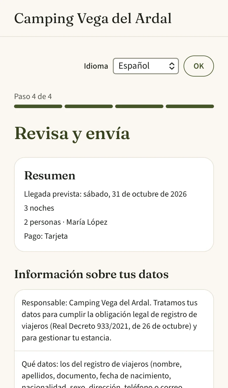 Paso 4 de 4, «Revisa y envía»: resumen de la estancia y la información sobre los datos